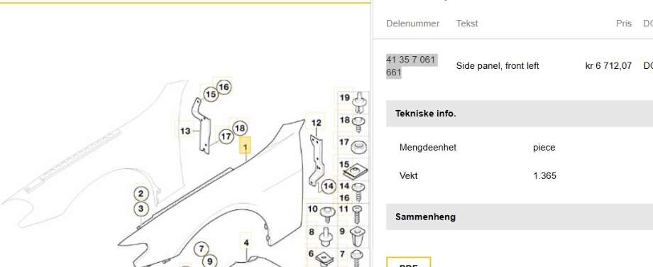 Skjerm venstre foran til BMW 7-Serie 2000-2008 (E65/E66/E67/E88) (E65/E66/E67/E88) (BMW|41 35 7 061 661|)
