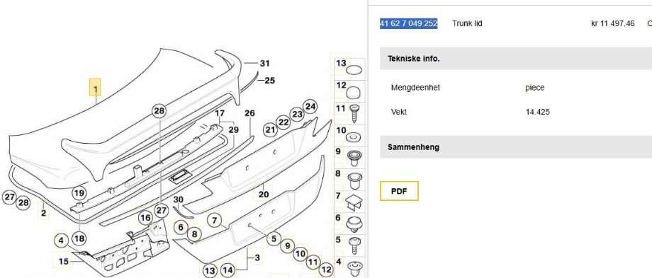 Bakluke sedan til BMW 7-Serie 2000-2008 (E65/E66/E67/E88) (E65/E66/E67/E88) (BMW|41 62 7 049 252|)