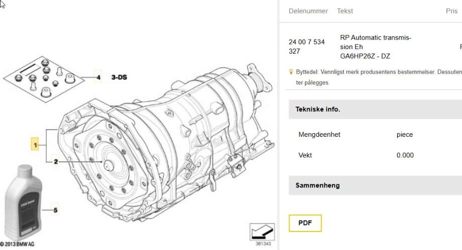 Girkasse automat til BMW 7-Serie, 2000-2008 (E65/E66/E67/E88) (E65/E66/E67/E88) (BMW|24 00 7 534 327)