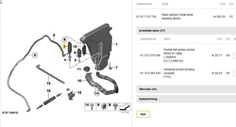 Spylerpumpe til BMW 5-Serie, 2010-2017 (F10/F11) (F10/F11) (BMW|67 63 7 217 792)