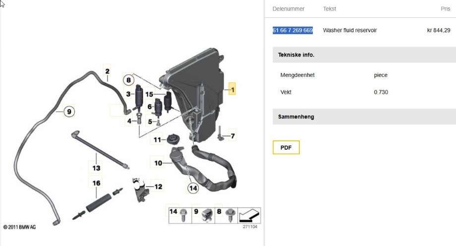 Spylertank til BMW 5-Serie, 2010-2017 (F10/F11) (F10/F11) (BMW|61 66 7 269 669)