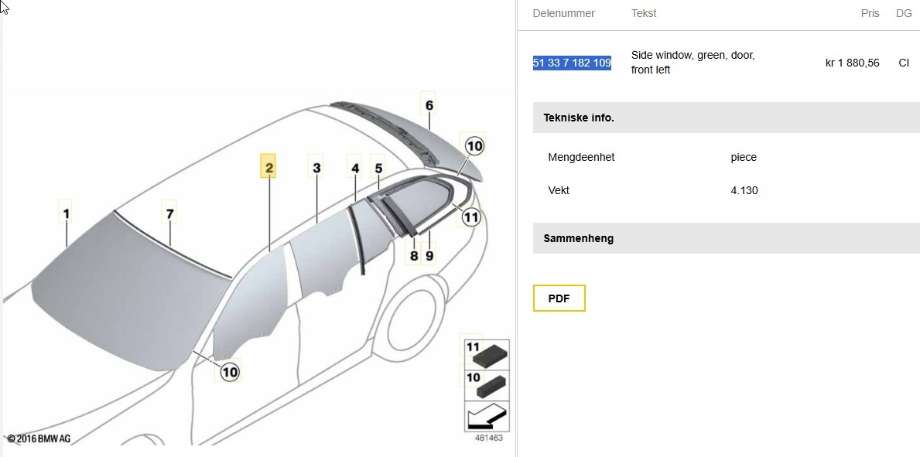 Siderute venstre foran til BMW 5-Serie, 2010-2017 (F10/F11) (F10/F11) (BMW|51 33 7 182 109)