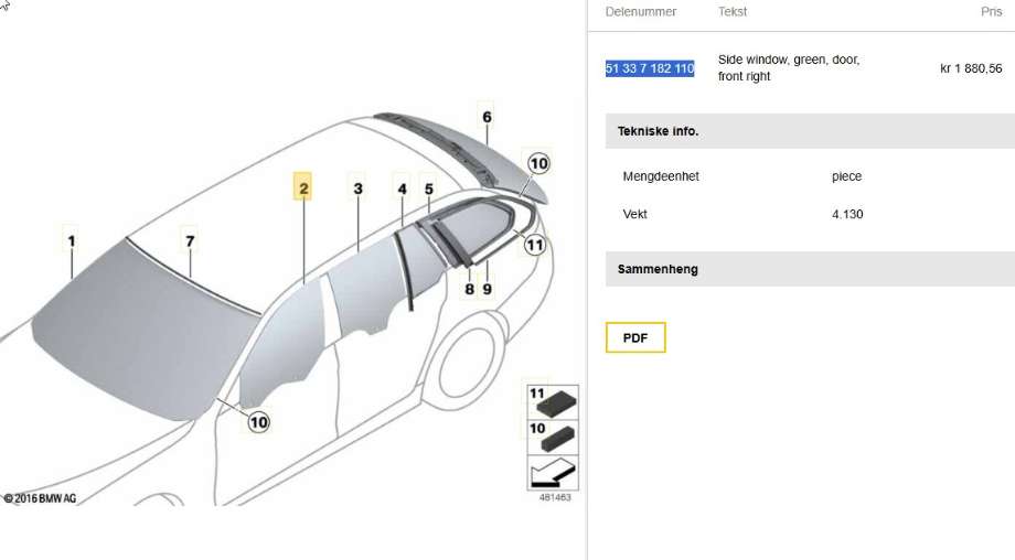 Siderute høyre foran til BMW 5-Serie, 2010-2017 (F10/F11) (F10/F11) (BMW|51 33 7 182 110)