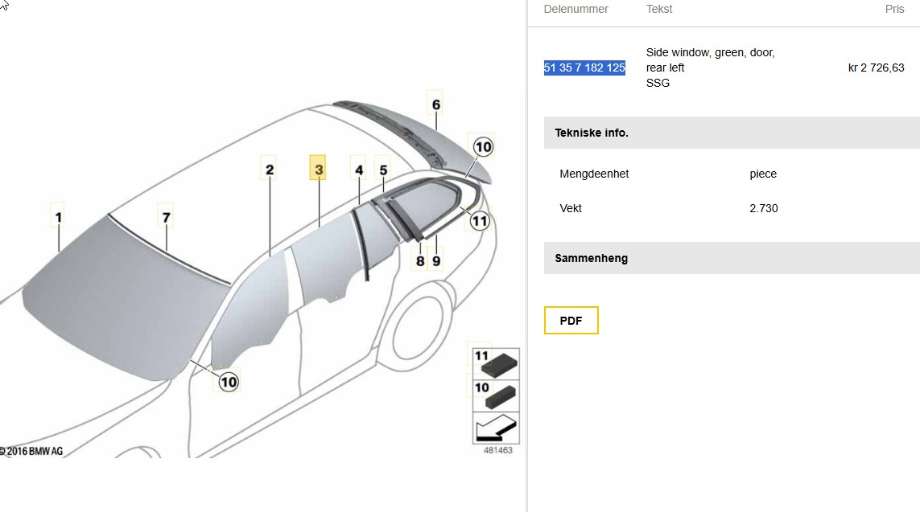 Siderute venstre bak til BMW 5-Serie, 2010-2017 (F10/F11) (F10/F11) (BMW|51 35 7 182 125)
