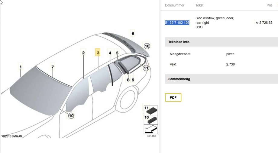 Siderute høyre bak til BMW 5-Serie, 2010-2017 (F10/F11) (F10/F11) (BMW|51 35 7 182 126)