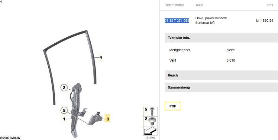 Ruteheis venstre bak til BMW 5-Serie, 2010-2017 (F10/F11) (F10/F11) (BMW|51 33 7 271 563)