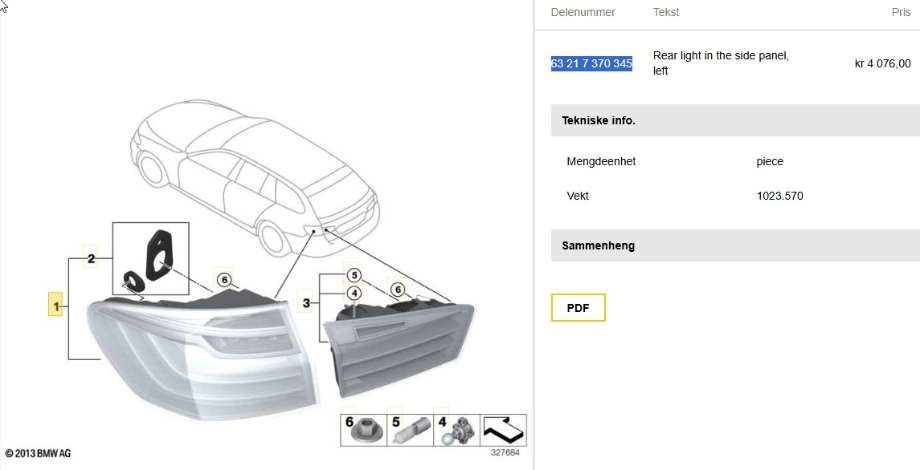 Baklykt venstre til BMW 5-Serie 2010-2017 (F10/F11) (F10/F11) (BMW|63 21 7 370 345|)