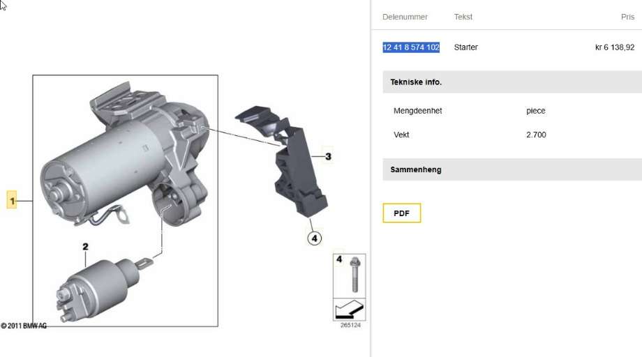 Starter diesel til BMW 5-Serie, 2010-2017 (F10/F11) (F10/F11) (BMW|12 41 8 574 102)