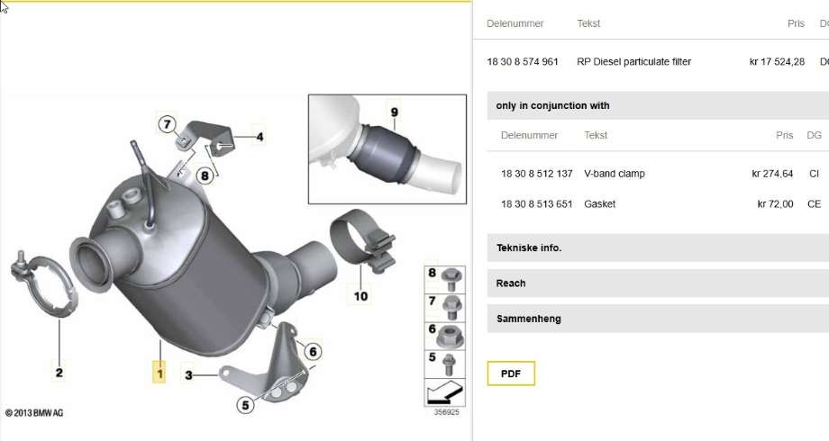 Partikkelfilter til BMW 5-Serie, 2010-2017 (F10/F11) (F10/F11) (BMW|18308574961)