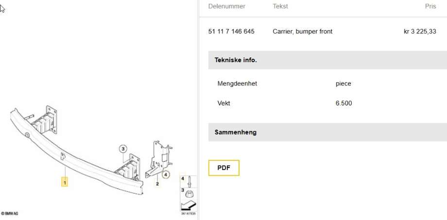 Støtfangerforsterkning foran til BMW 3-Serie, 2005-2011 (E90/E91/E92/E93) (E90/E91/E92/E93) (BMW|51 11 7 146 645)