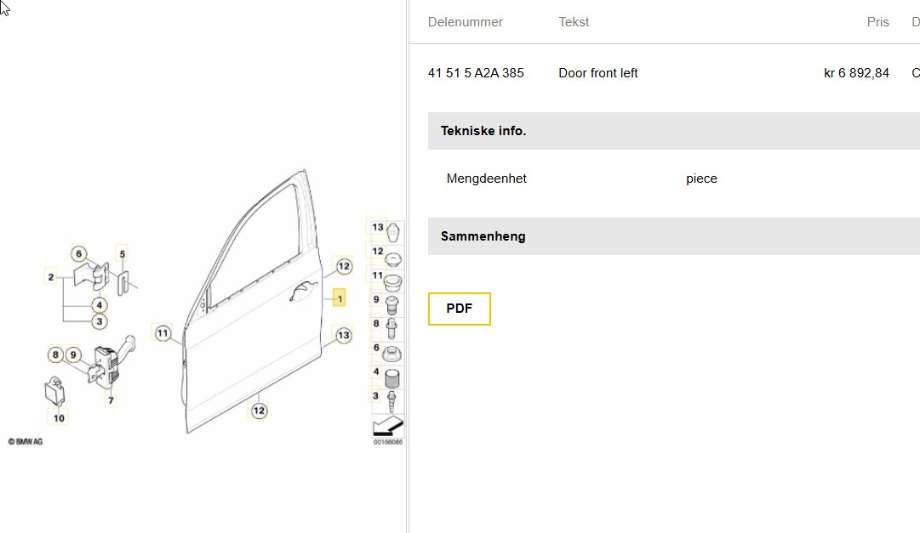 Dør venstre foran til BMW 3-Serie 2005-2011 (E90/E91/E92/E93) (E90/E91/E92/E93) (BMW|41 51 5 A2A 385|)