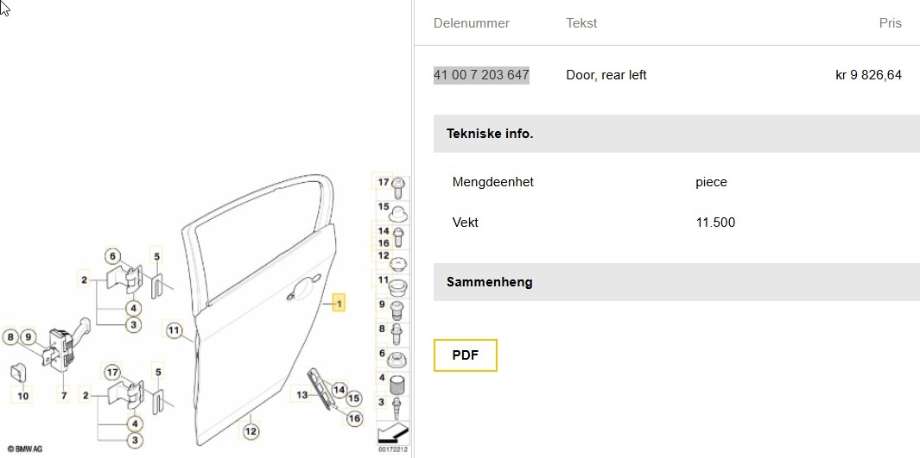 Dør venstre bak til BMW 3-Serie 2005-2011 (E90/E91/E92/E93) (E90/E91/E92/E93) (BMW|41 00 7 203 647|)