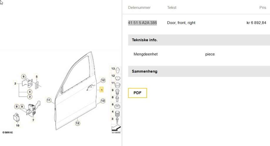 Dør høyre foran til BMW 3-Serie 2005-2011 (E90/E91/E92/E93) (E90/E91/E92/E93) (BMW|41 51 5 A2A 386|)