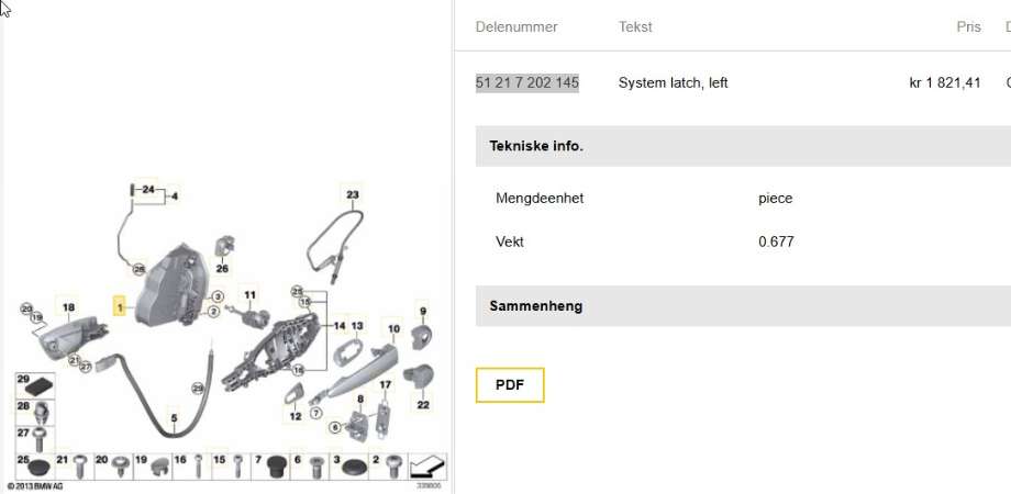 Låsekasse venstre foran til BMW 3-Serie, 2005-2011 (E90/E91/E92/E93) (E90/E91/E92/E93) (BMW|51 21 7 202 145)