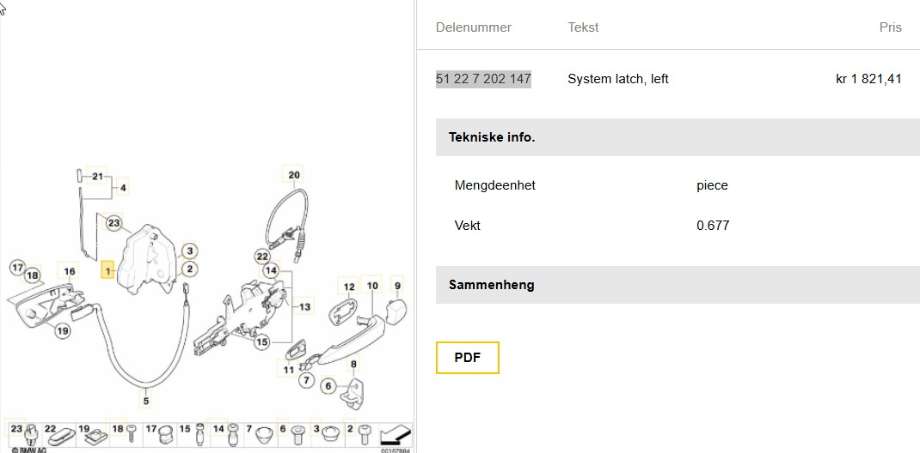 Låsekasse venstre bak til BMW 3-Serie, 2005-2011 (E90/E91/E92/E93) (E90/E91/E92/E93) (BMW|51 22 7 202 147)