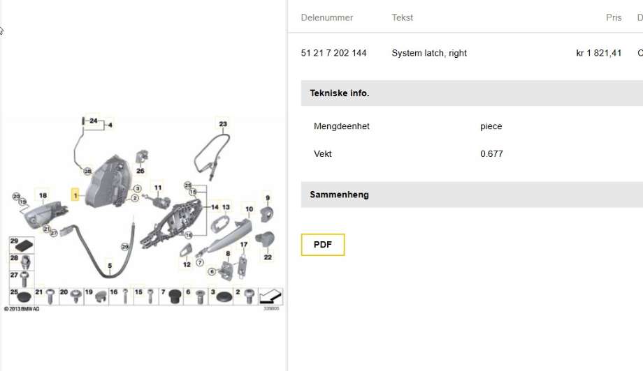 Låsekasse høyre foran til BMW 3-Serie, 2005-2011 (E90/E91/E92/E93) (E90/E91/E92/E93) (BMW|51 21 7 202 144)