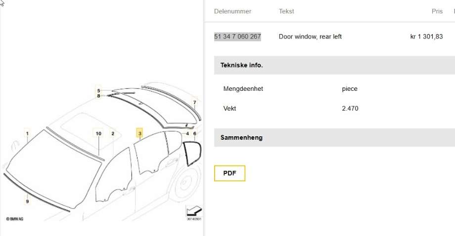 Siderute venstre bak til BMW 3-Serie, 2005-2011 (E90/E91/E92/E93) (E90/E91/E92/E93) (BMW|51 34 7 060 267)
