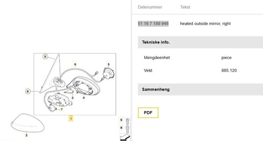 Speil høyre til BMW 3-Serie 2005-2011 (E90/E91/E92/E93) (E90/E91/E92/E93) (BMW|51 16 7 189 948|)