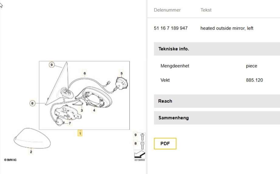 Speil venstre til BMW 3-Serie 2005-2011 (E90/E91/E92/E93) (E90/E91/E92/E93) (BMW|51 16 7 189 947|)