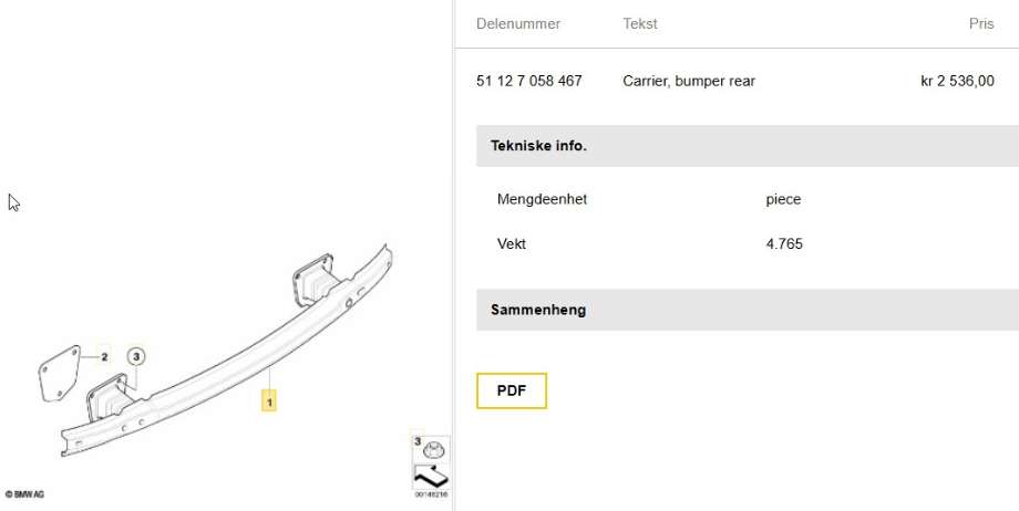 Støtfangerforsterkning bak til BMW 3-Serie, 2005-2011 (E90/E91/E92/E93) (E90/E91/E92/E93) (BMW|51 12 7 058 467)