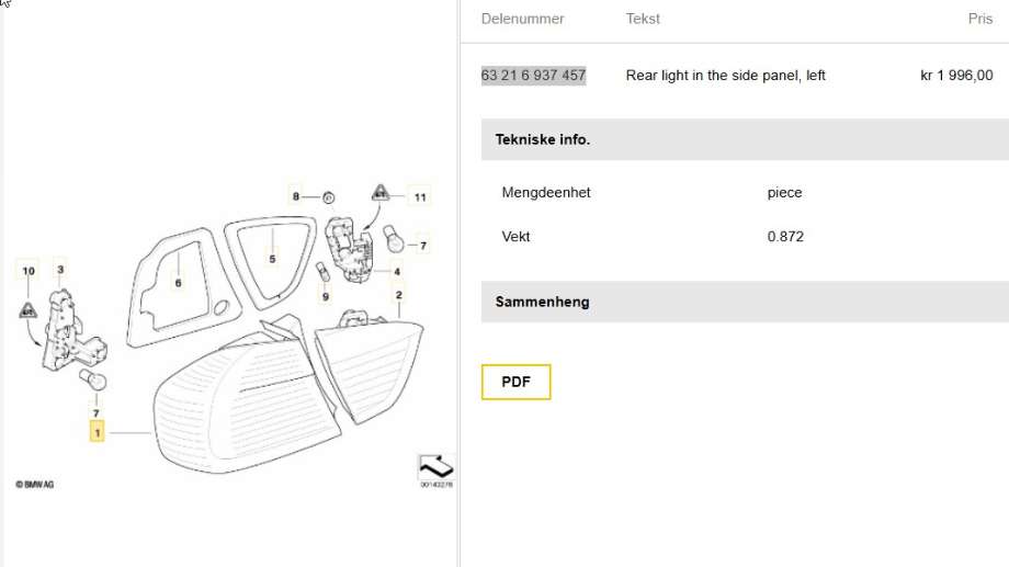 Baklykt venstre til BMW 3-Serie 2005-2011 (E90/E91/E92/E93) (E90/E91/E92/E93) (BMW|63 21 6 937 457|)