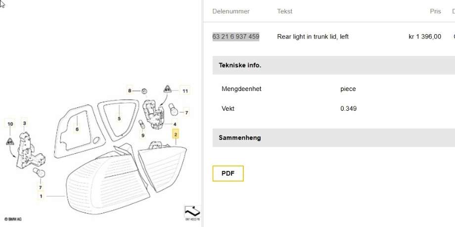 Baklykt venstre indre til BMW 3-Serie 2005-2011 (E90/E91/E92/E93) (E90/E91/E92/E93) (BMW|63 21 6 937 459|)