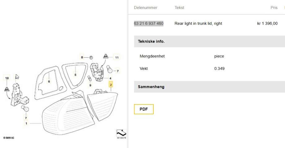 Baklykt høyre indre til BMW 3-Serie 2005-2011 (E90/E91/E92/E93) (E90/E91/E92/E93) (BMW|63 21 6 937 460|)