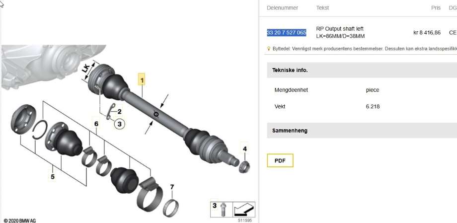 Drivaksel venstre bak til BMW 1-Serie, 2004-2011 (E81/E82/E87/E88) (E81/E82/E87/E88) (BMW|33 20 7 527 065)