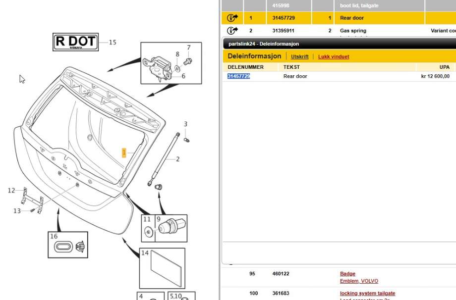 Bakluke til Volvo V60 2010-2013 (Type I, Fase 1)  (VOLVO|31457729|)