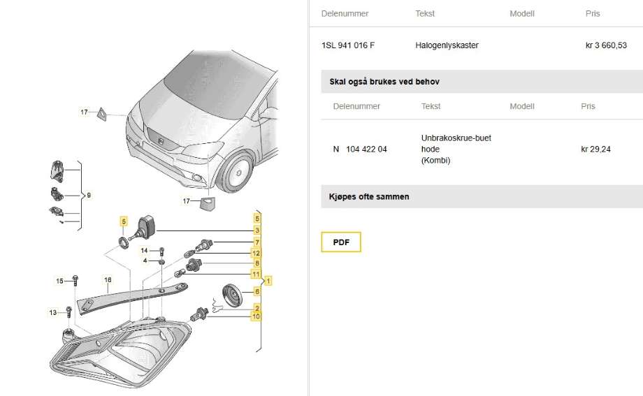 Frontlykt høyre halogen til Seat Mii electric 2019-->>  (SEAT|1SL 941 016 F|)