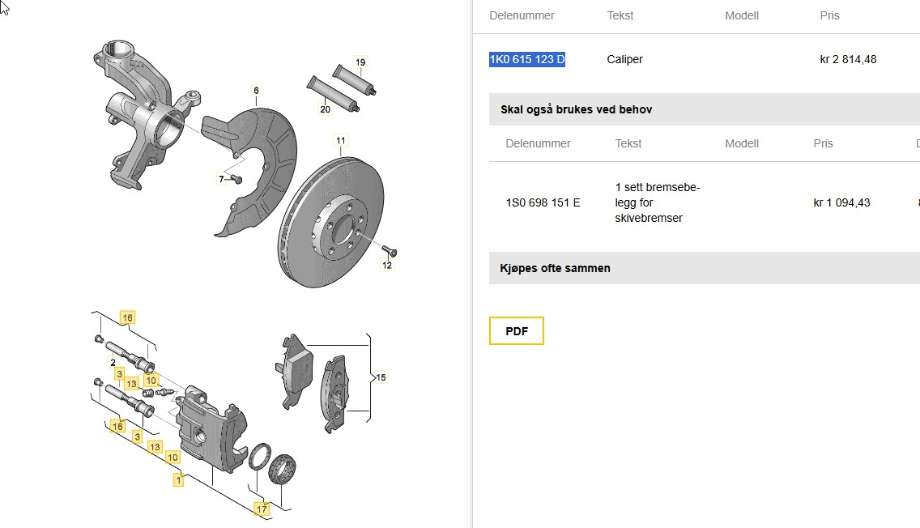 Bremsecaliper venstre foran til Seat Mii electric, 2019-->>  (SEAT|1K0 615 123 D)