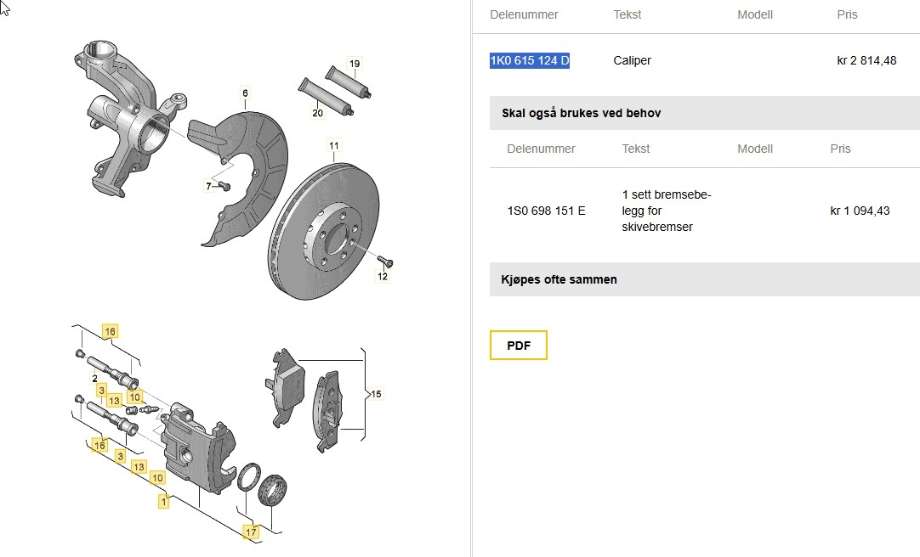 Bremsecaliper høyre foran til Seat Mii electric, 2019-->>  (SEAT|1K0 615 124 D)