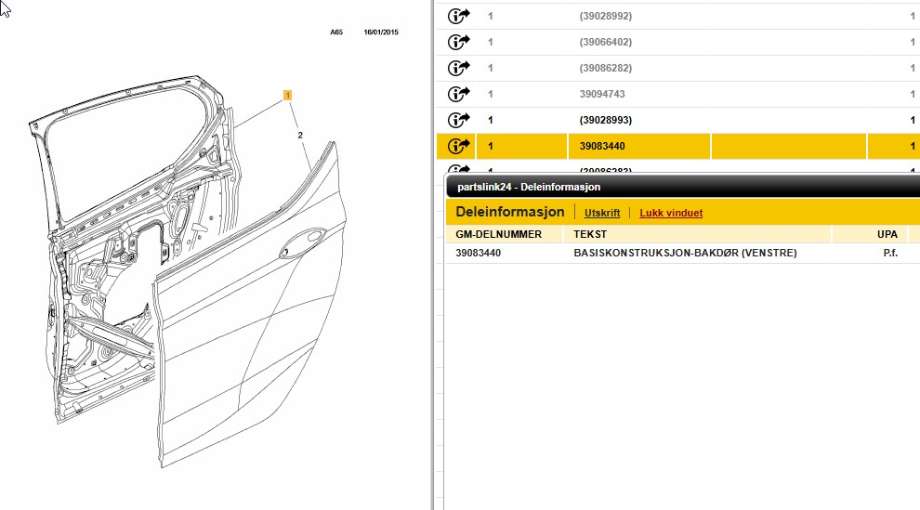 Dør venstre bak til Opel Astra K 2015-->> (OPEL|39083440;39086283|39028993;39094744|39086283)
