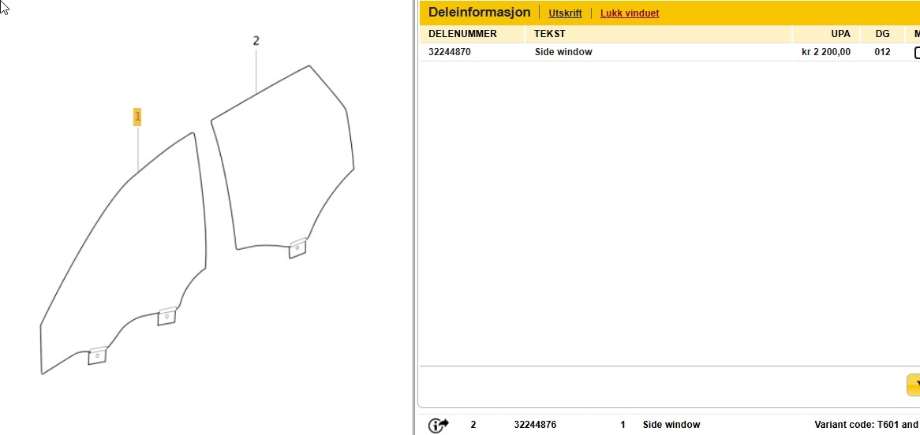 Siderute venstre foran til Volvo XC60, 2017-->> (Type II) (VOLVO|32244870)