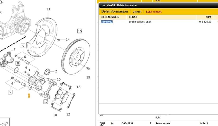 Bremsecaliper høyre bak til Volvo XC60 2017-->> (Type II) (VOLVO|36003033|31400429|)