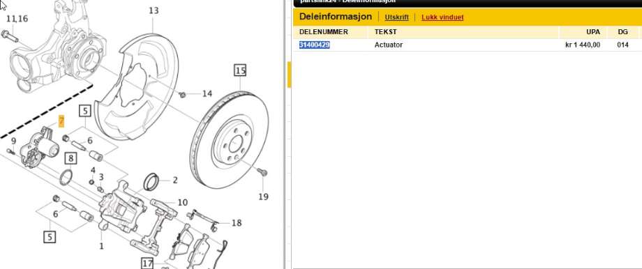 Bremsecaliper høyre bak til Volvo XC60 2017-->> (Type II) (VOLVO|36003033|31400429|)