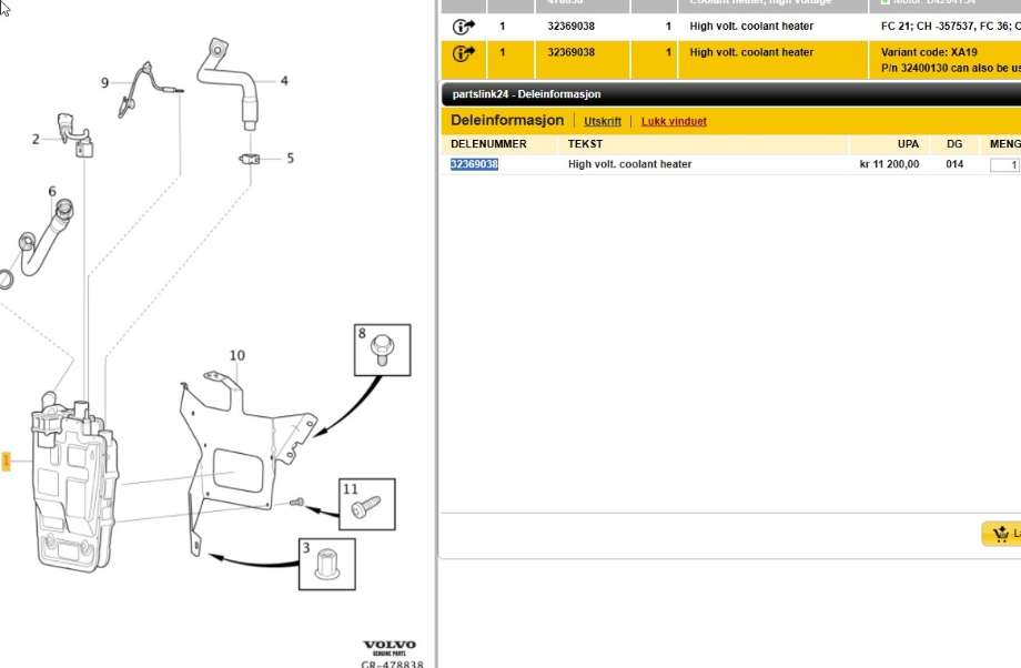Varmeapparat register til Volvo XC60, 2017-->> (Type II) (VOLVO|32369038)