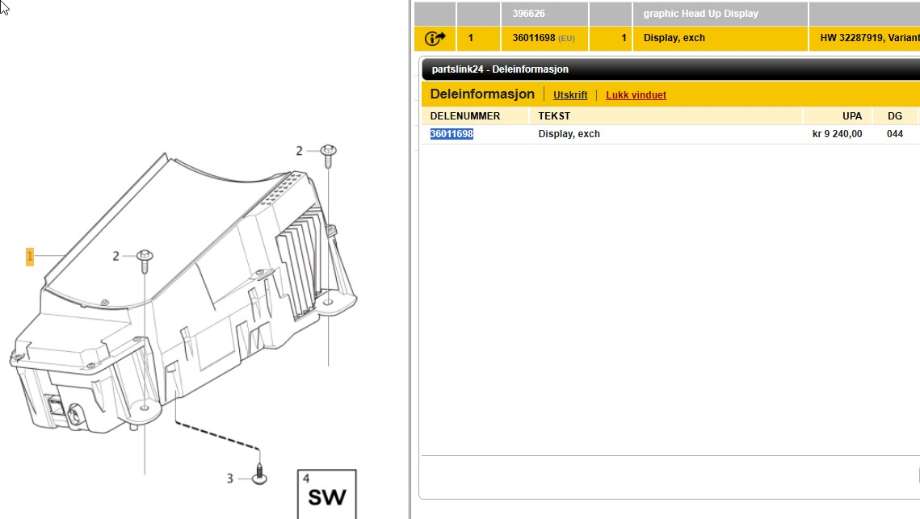 Instrument kjørecomputer til Volvo XC60, 2017-->> (Type II) (VOLVO|36011698)