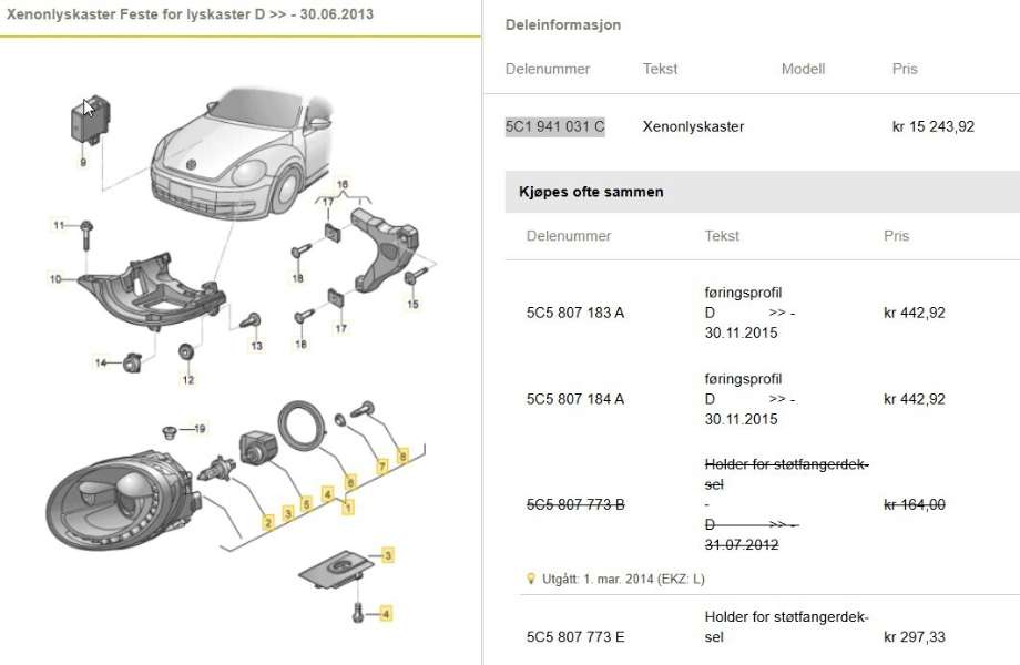 Frontlykt venstre xenon til VW Beetle, 2011-2018 (Type II)  (VOLKSWAGEN|5C1 941 031 C)