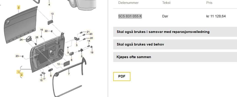 Dør venstre 2dørs til VW Beetle 2011-2018 (Type II)  (VOLKSWAGEN|5C5 831 055 F|5C5 831 055 K|)