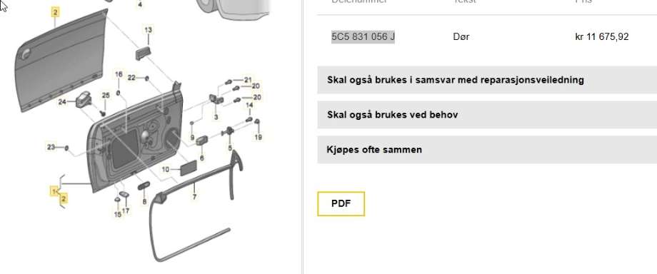 Dør høyre 2dørs til VW Beetle 2011-2018 (Type II)  (VOLKSWAGEN|5C5 831 056 F|5C5 831 056 J|)
