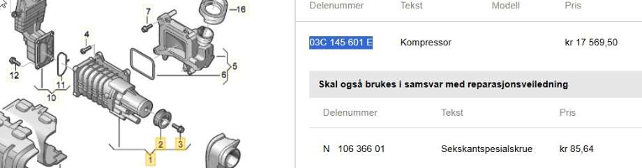 Kompressor til VW Beetle, 2011-2018 (Type II)  (VOLKSWAGEN|03C 145 601 E)
