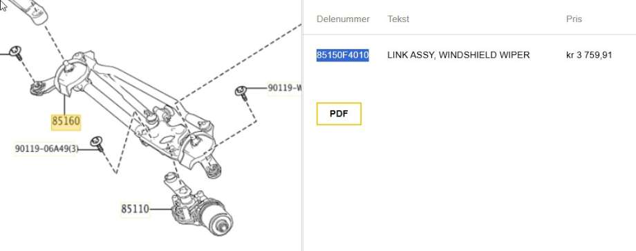 Viskeroverføring til Toyota C-HR, 2016-->>  (TOYOTA|85150F4010)