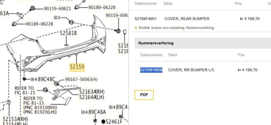 Støtfanger bak til Toyota C-HR 2016-->>  (TOYOTA|52159F4901|52159F4908|)