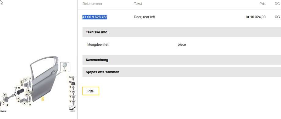 Dør venstre bak til BMW 5-Serie 2010-2017 (F10/F11) (F10/F11) (BMW|41 00 9 628 755|)