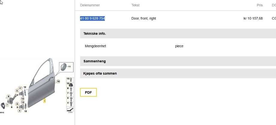 Dør høyre foran til BMW 5-Serie 2010-2017 (F10/F11) (F10/F11) (BMW|41 00 9 628 754|)