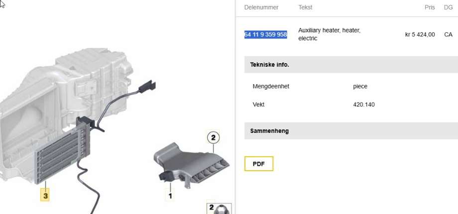 Varmeapparat register til BMW 5-Serie, 2010-2017 (F10/F11) (F10/F11) (BMW|64 11 9 359 958)
