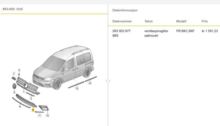 Grill midt til VW Caddy 2015-2020 (Type III, Fase 3) (VOLKSWAGEN|2K5 853 677 9B9|)