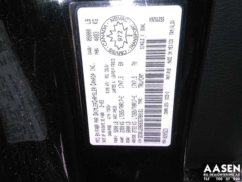 Dodge Ram 2003-2008 (Type III) , Motorkode: , Girkassekode: 