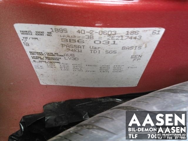 VW Passat 2001-2005 (B5,3BG) (B5,3BG), Motorkode: AVB, Girkassekode: EEN